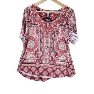 WORLD UNITY Red Pink White Beaded Boho Hippie Short Sleeve Top SZ 2X